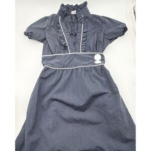 Stone Flower  Navy Blue Pinstripe Ruffle V-Neck Puff Sleeve Tie Back Dress-S